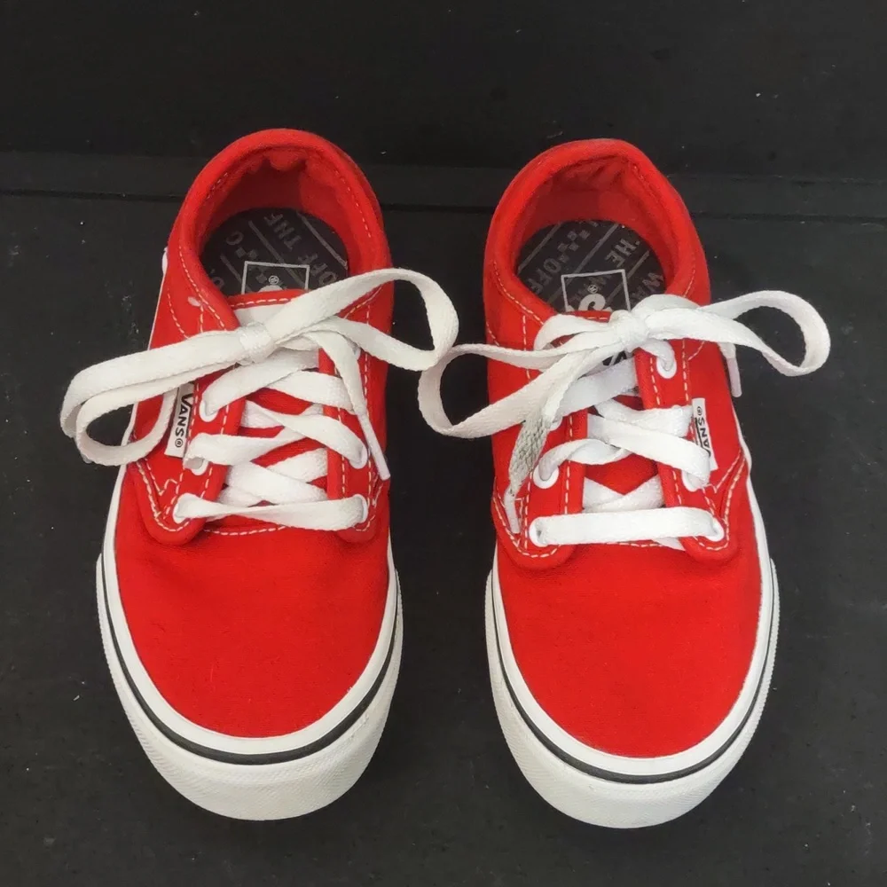 USED VANS LOW TOP TIE UP SHOE KIDS SIZE 13 COLOR RED HAS WEAR SEE ALL PHOTOS - Picture 2 of 10